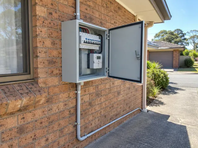 Exterior switchboard cabinet on a brick wall beside a driveway in Ashtonfield